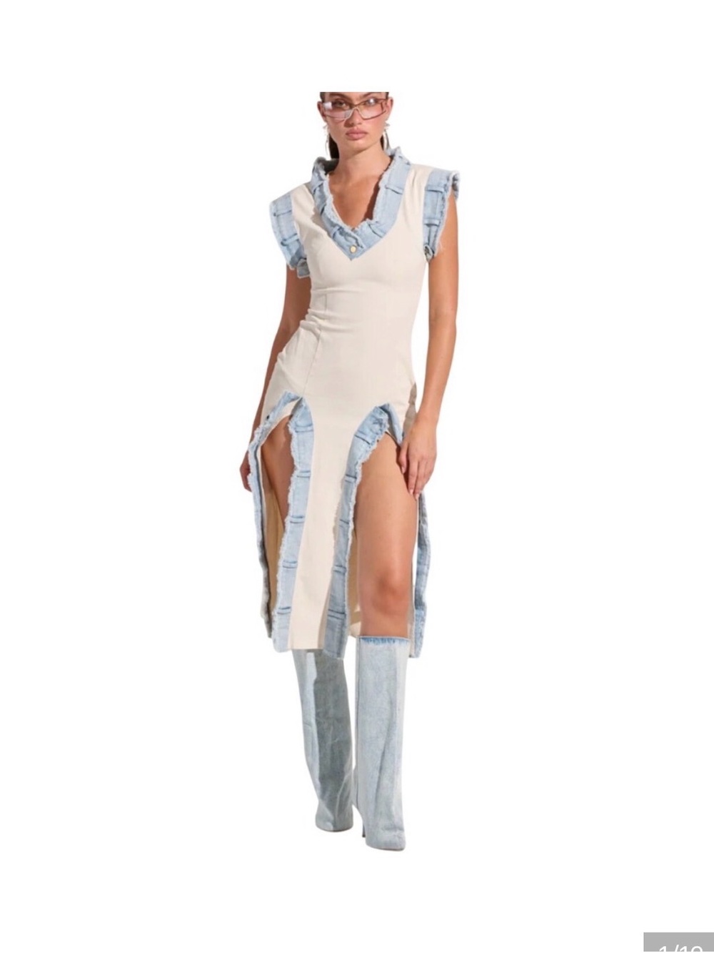 New AKIRA Denim Trim Midi Dress Dionne Distressed Frayed Slit L Cream Blue Edgy
